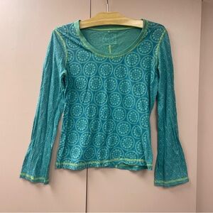 prAna women's long-sleeve crew neck shirt teal green geometric print size large